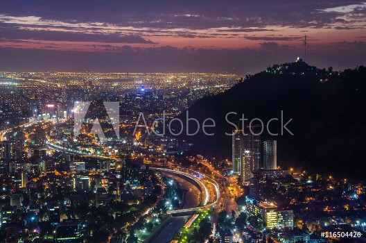 Picture of Night view of Santiago de Chile toward the east part of the city showing the Mapocho river and Providencia and Las Condes districts